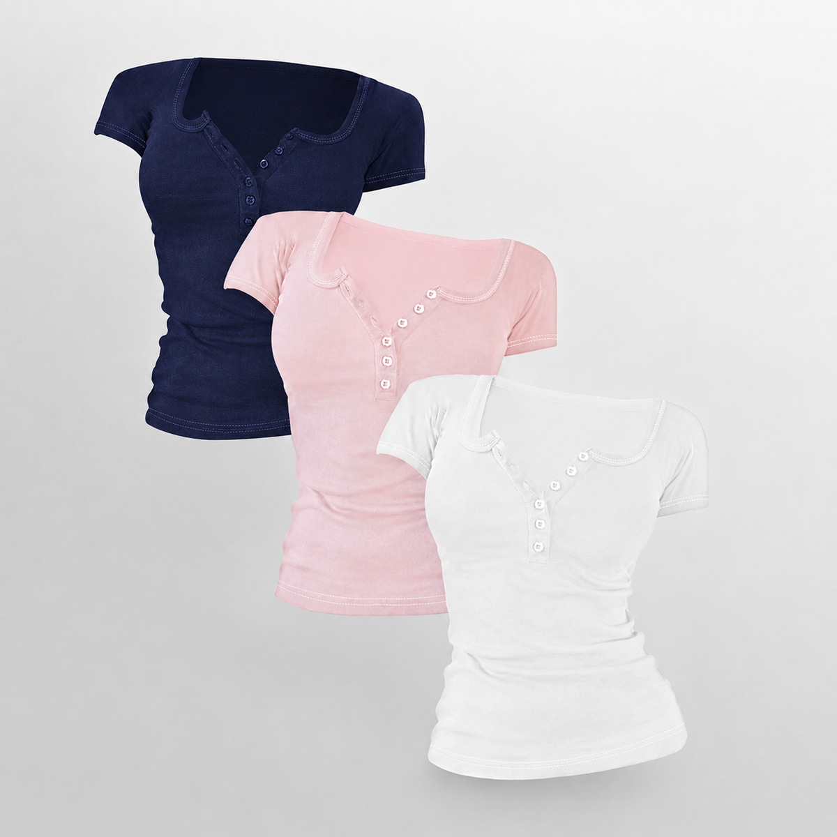 Pack Of 3 Fitted Short Sleeve Button Detail Casual Top For Women