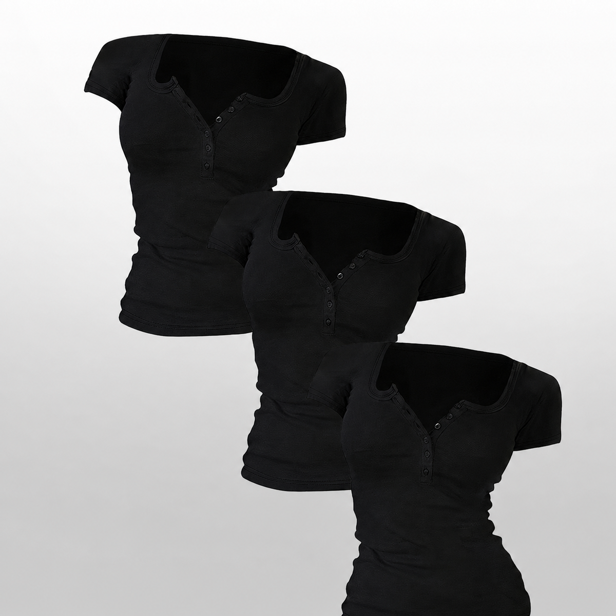 Pack Of 3 Fitted Short Sleeve Button Detail Casual Top For Women