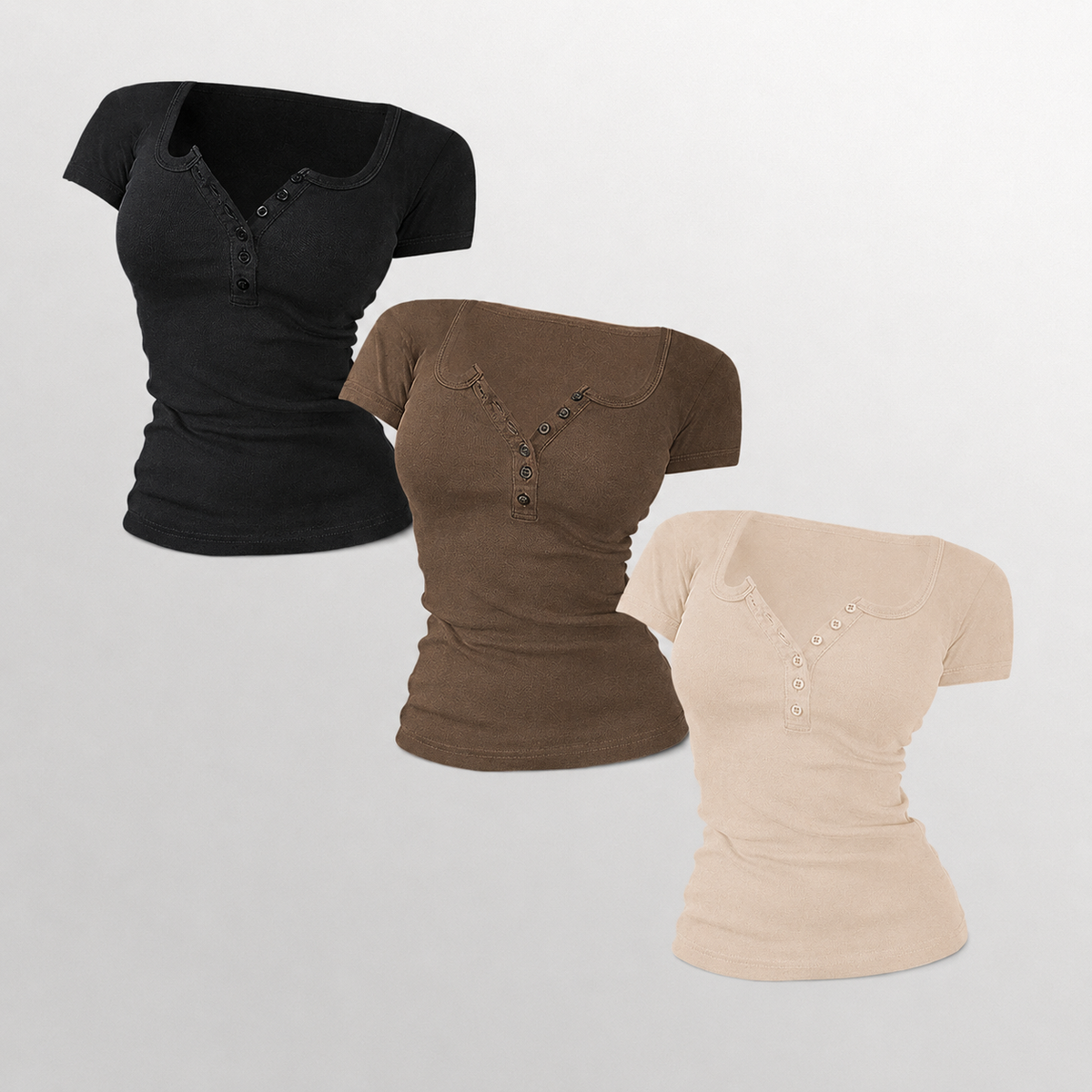 Pack Of 3 Fitted Short Sleeve Button Detail Casual Top For Women
