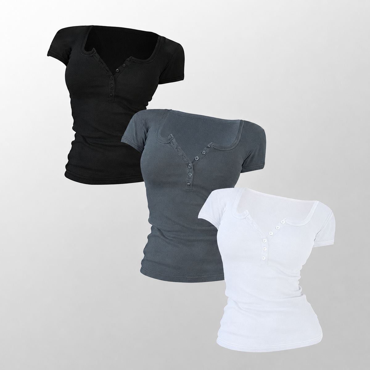 Pack Of 3 Fitted Short Sleeve Button Detail Casual Top For Women