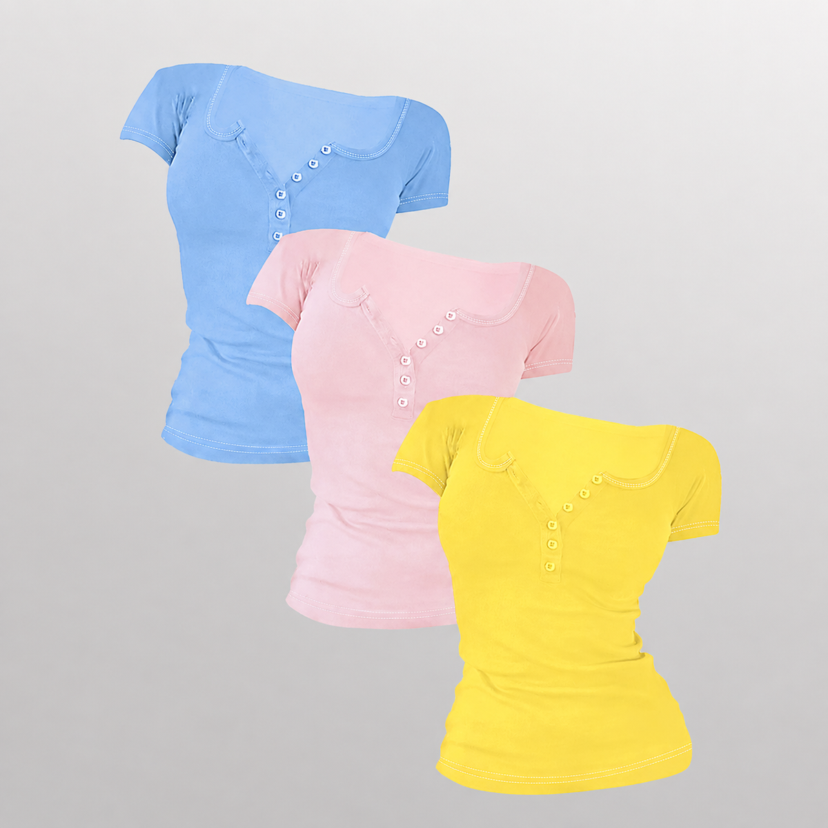 Pack Of 3 Fitted Short Sleeve Button Detail Casual Top For Women