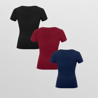 Pack Of 3 Fitted Short Sleeve Button Detail Casual Top For Women
