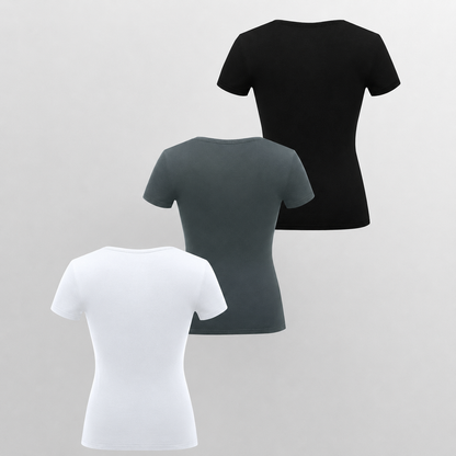 Pack Of 3 Fitted Short Sleeve Button Detail Casual Top For Women