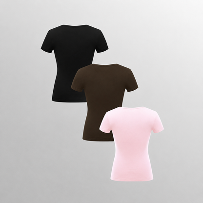 Pack Of 3 Fitted Short Sleeve Button Detail Casual Top For Women