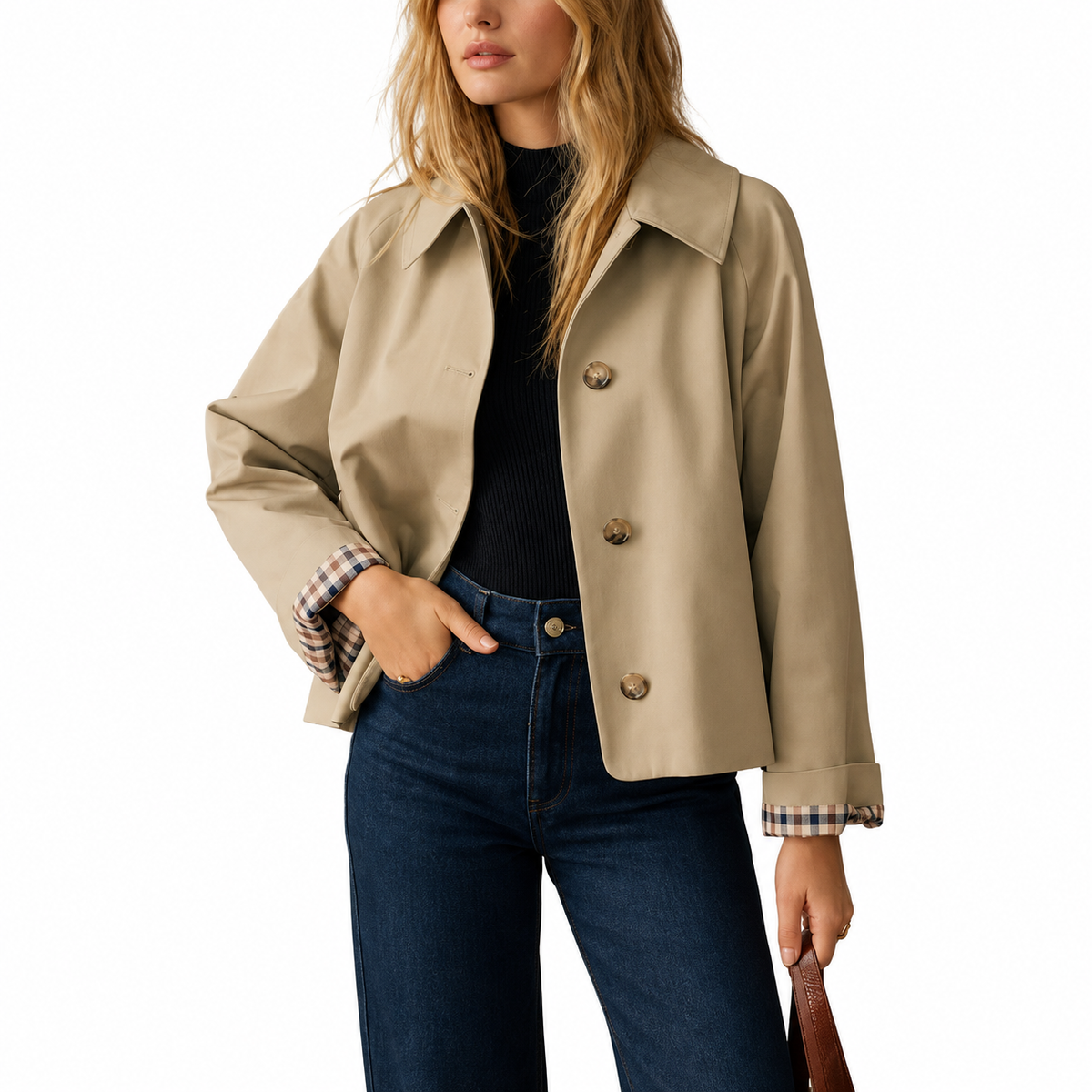 Casual Short Trench Jacket With Plaid Lining For Women