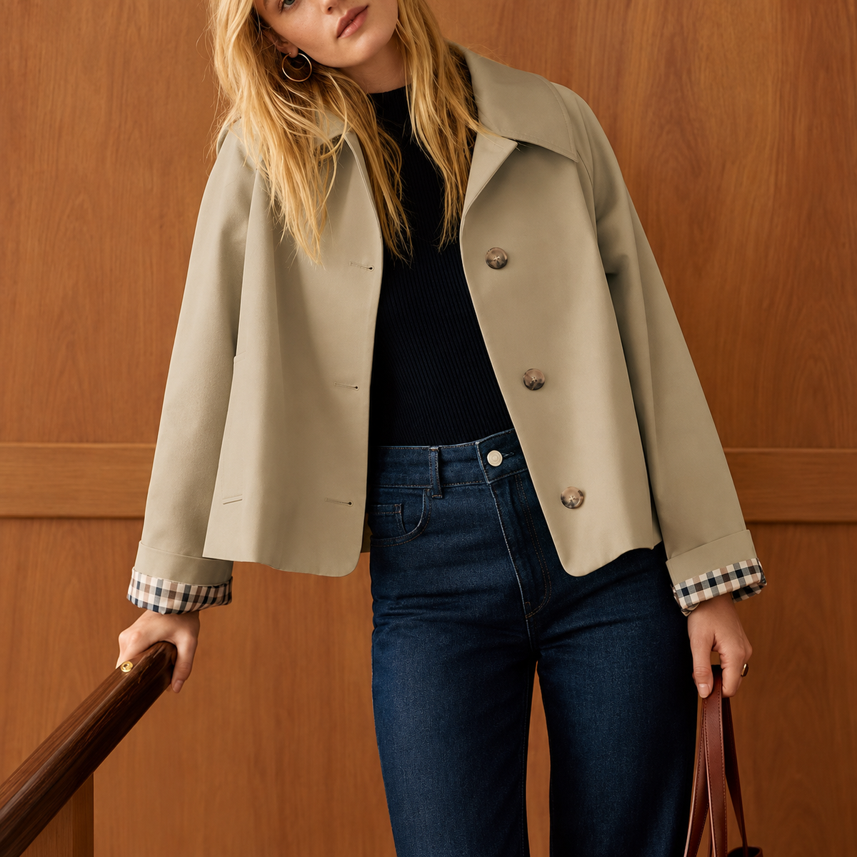 Casual Short Trench Jacket With Plaid Lining For Women