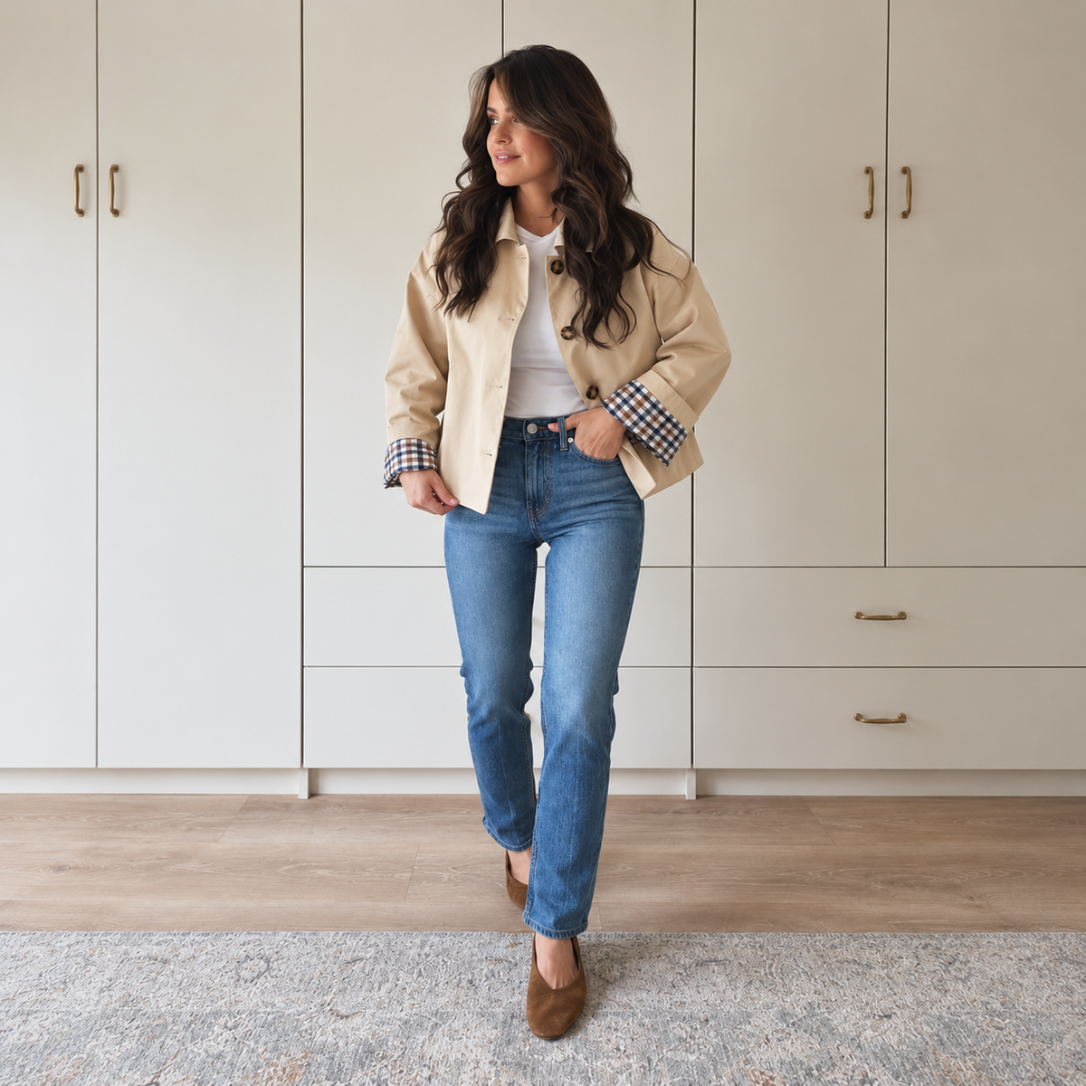 Casual Short Trench Jacket With Plaid Lining For Women