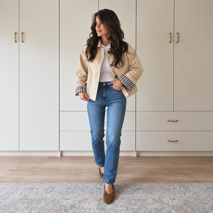 Casual Short Trench Jacket With Plaid Lining For Women