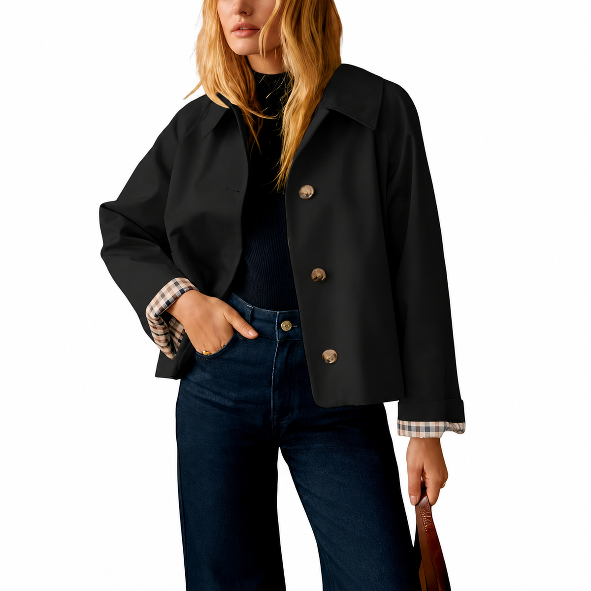 Casual Short Trench Jacket With Plaid Lining For Women