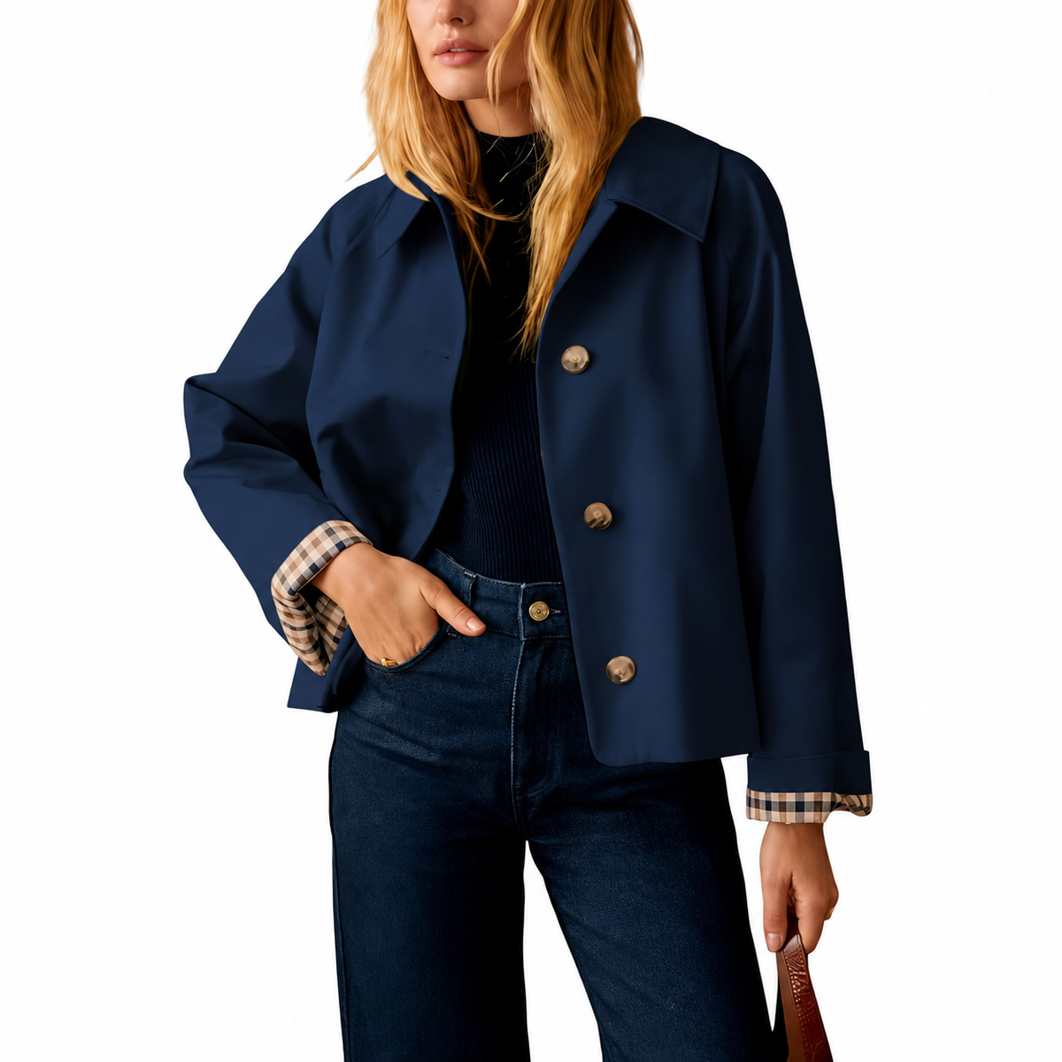 Casual Short Trench Jacket With Plaid Lining For Women