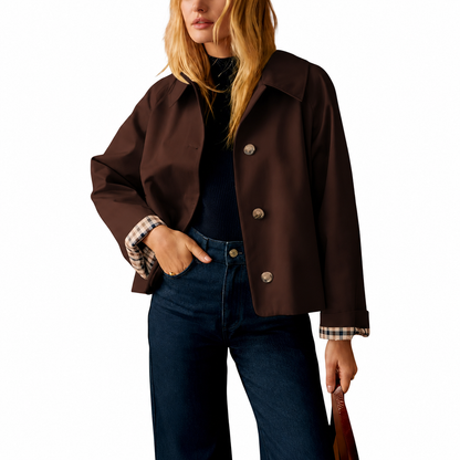 Casual Short Trench Jacket With Plaid Lining For Women