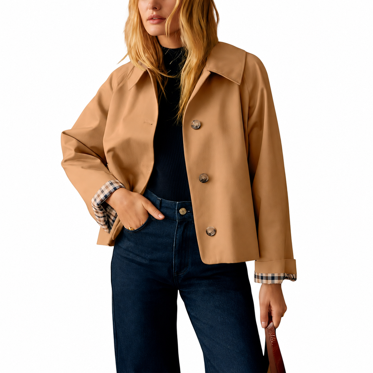 Casual Short Trench Jacket With Plaid Lining For Women