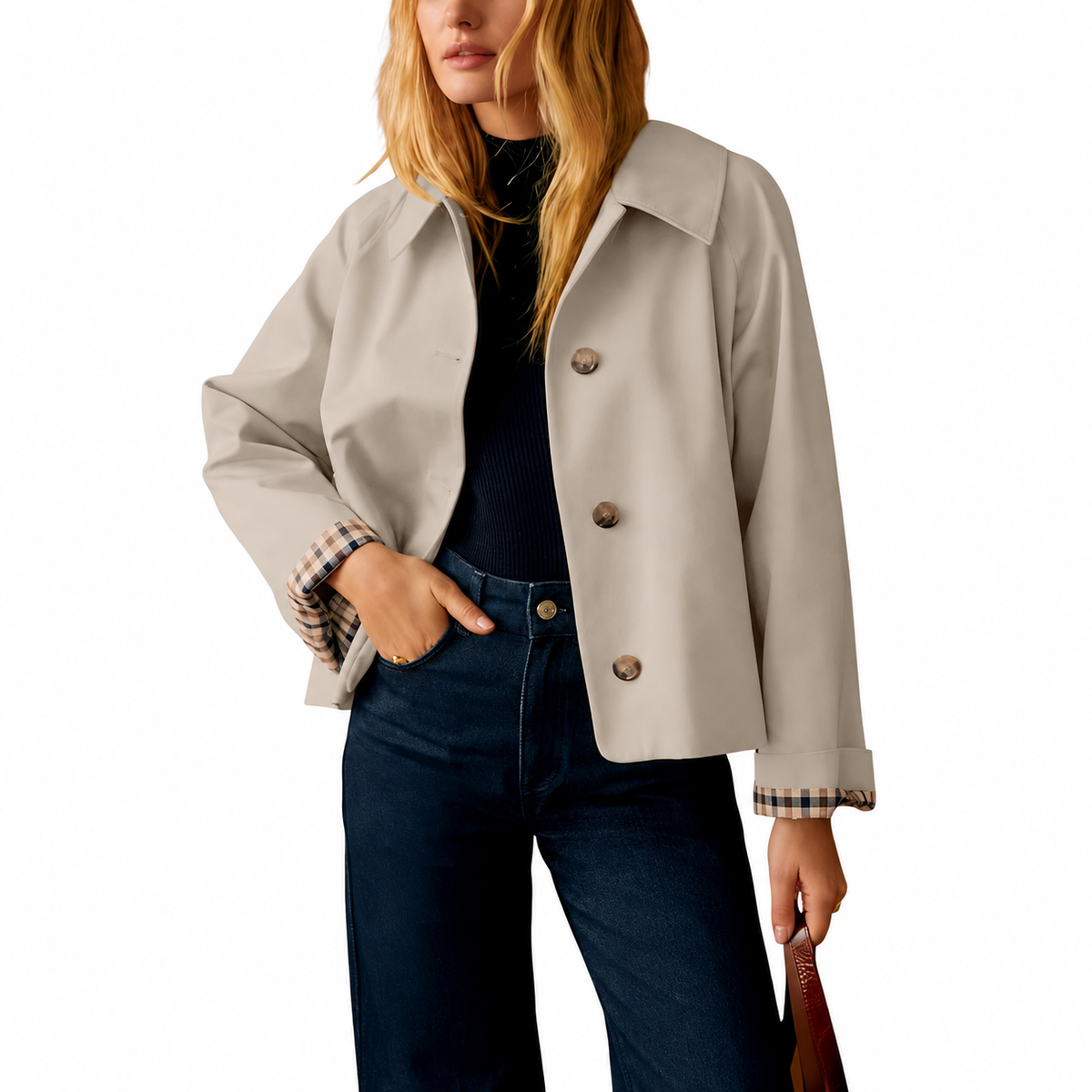 Casual Short Trench Jacket With Plaid Lining For Women