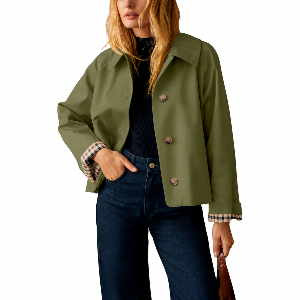 Casual Short Trench Jacket With Plaid Lining For Women