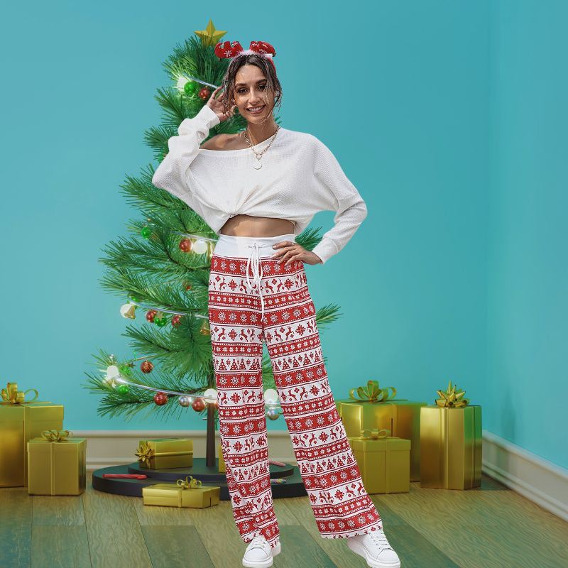 Christmas Pattern Printed Lace Up Pants