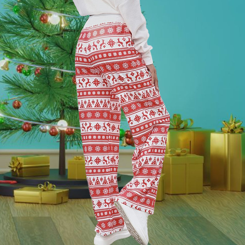 Christmas Pattern Printed Lace Up Pants