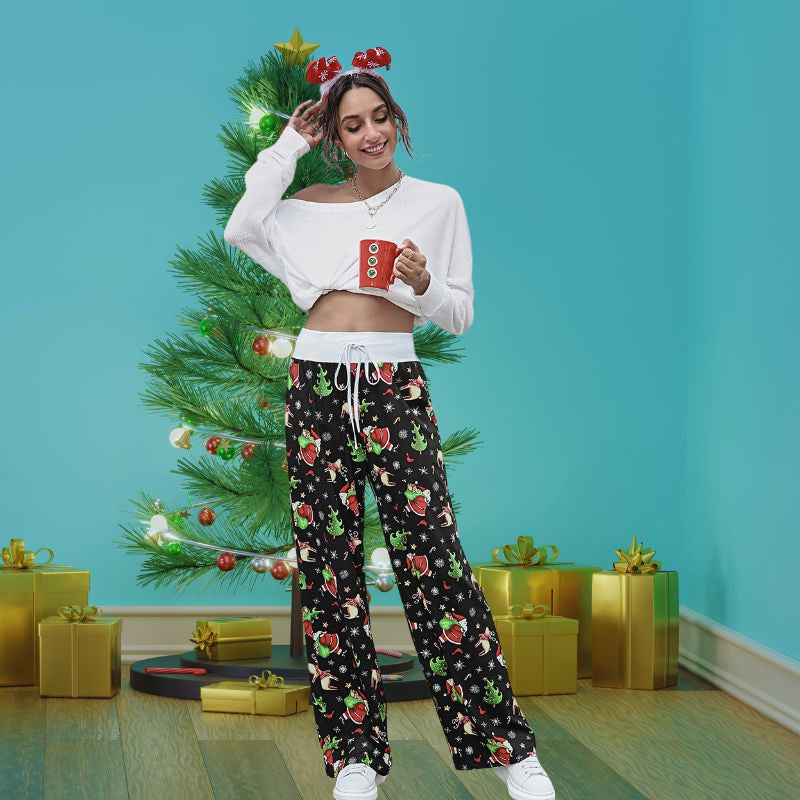 Christmas Pattern Printed Lace Up Pants