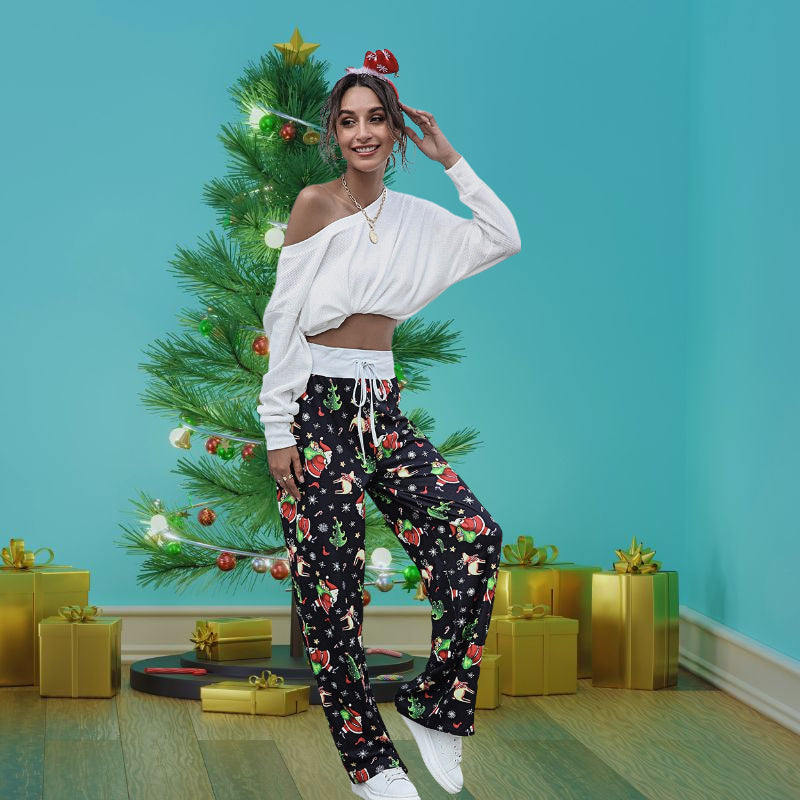 Christmas Pattern Printed Lace Up Pants