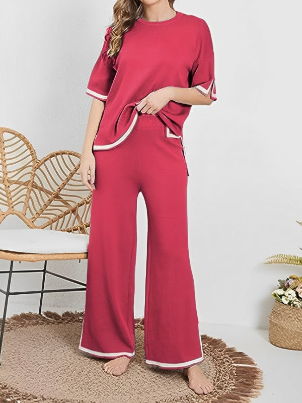 Effortless Wide Bottom Short Sleeve Cozy Knit Lounge Set