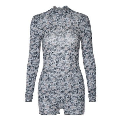 Eleganter, rückenfreier, schmal geschnittener, bedruckter Strampler