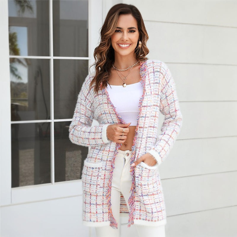 Elegant Checked Knit Cardigan