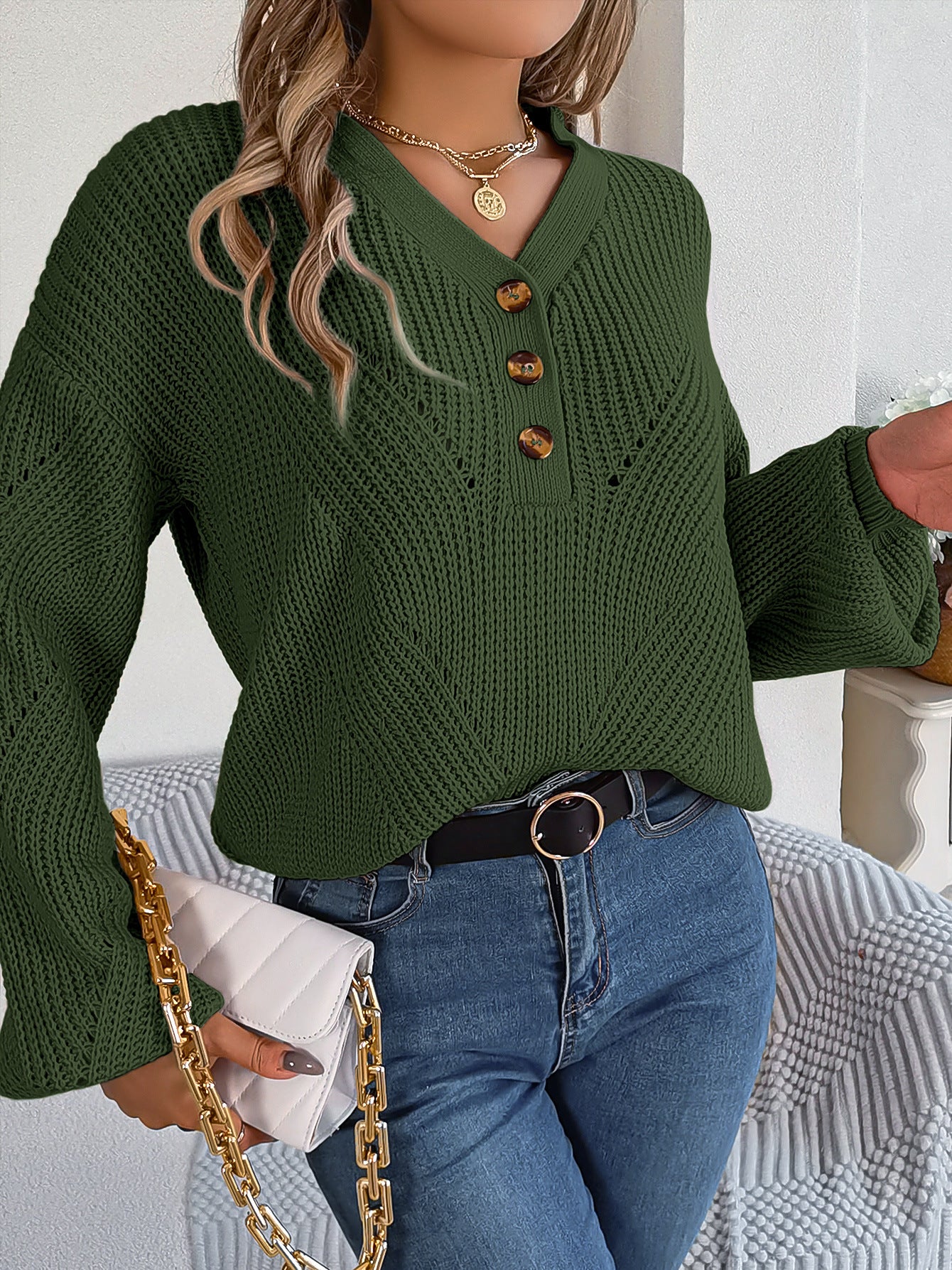 Elegant Hollow Out Buttoned Lantern Sleeve Sweater