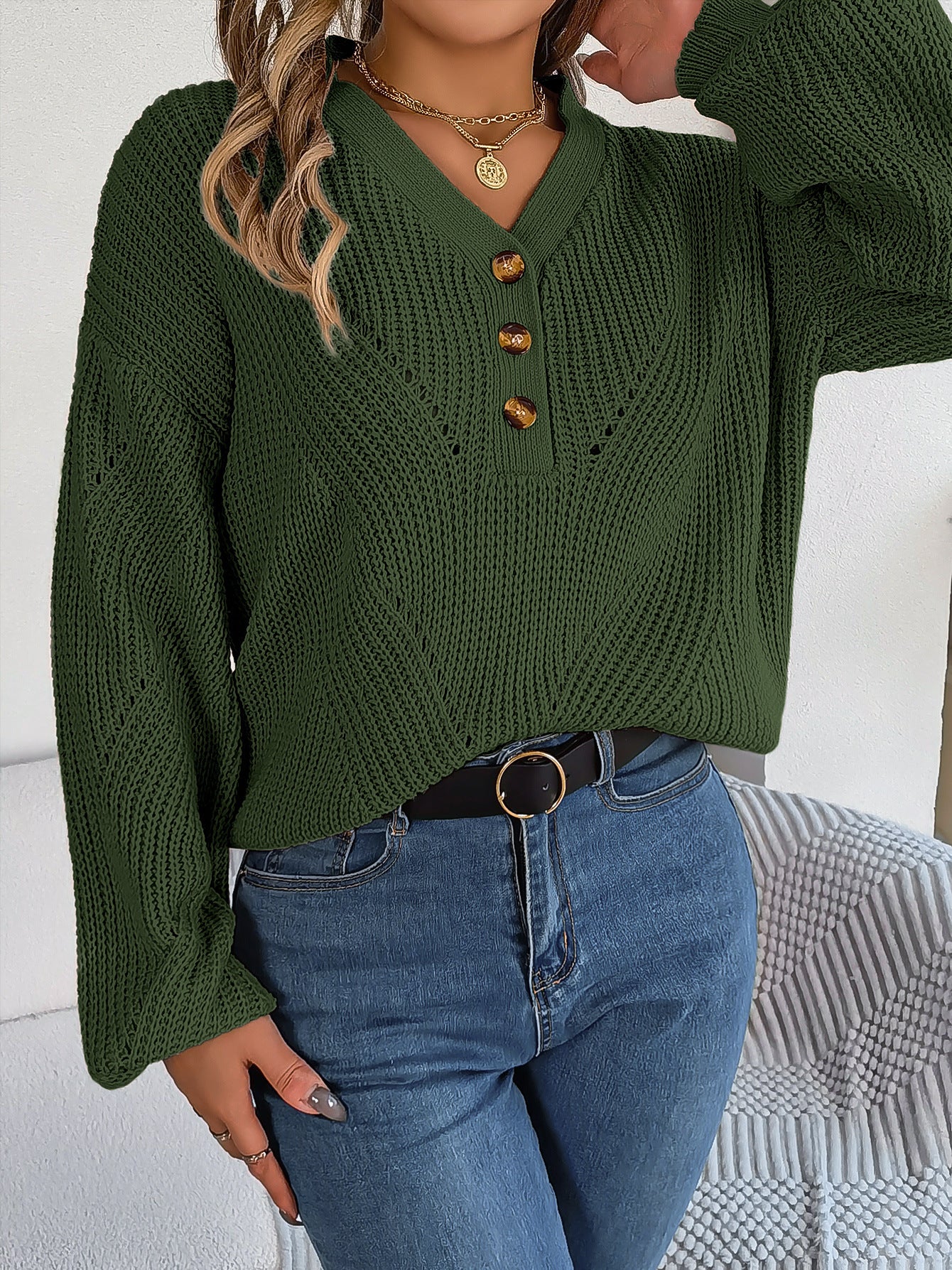 Elegant Hollow Out Buttoned Lantern Sleeve Sweater