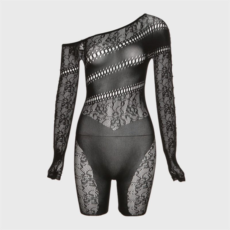 Elegant Jacquard Long Sleeve Fishnet Rompers