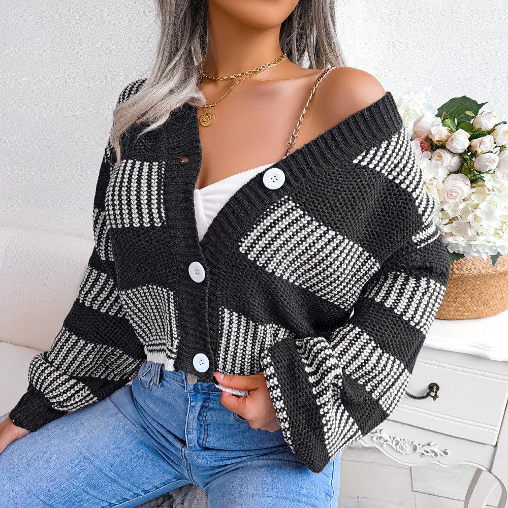 Elegant Lantern Sleeve Striped Sweater Cardigan