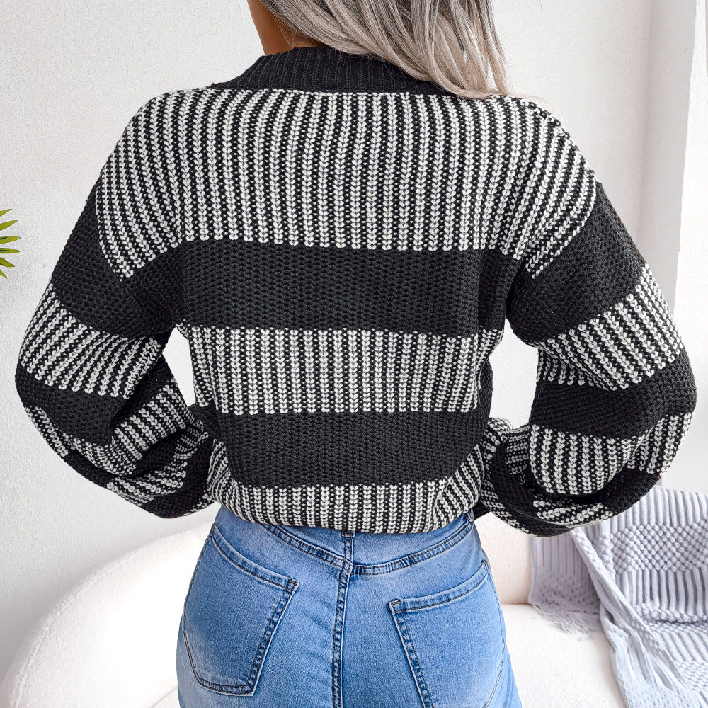 Elegant Lantern Sleeve Striped Sweater Cardigan