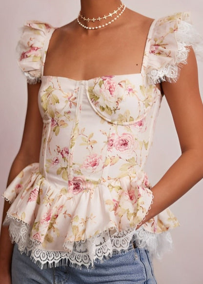 Elegant Printed Lace Keel Back Tie Tank Top