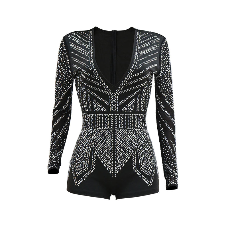 Elegant Slim Fit Rhinestone Sheath Romper