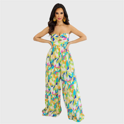Elegant Strapless Printed Pleated Jumpsuit