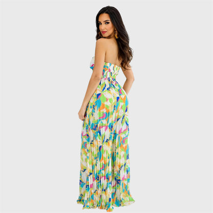 Elegant Strapless Printed Pleated Jumpsuit