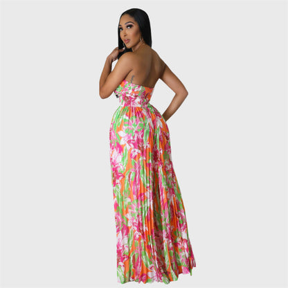Elegant Strapless Printed Pleated Jumpsuit