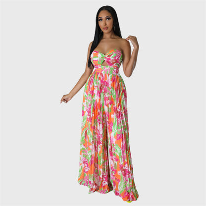 Elegant Strapless Printed Pleated Jumpsuit