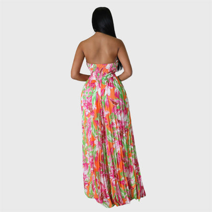 Elegant Strapless Printed Pleated Jumpsuit