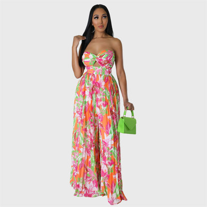 Elegant Strapless Printed Pleated Jumpsuit