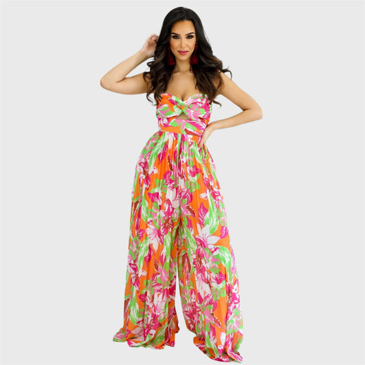 Elegant Strapless Printed Pleated Jumpsuit