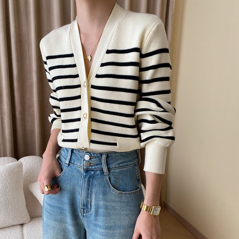 Elegant Striped Button Knit Cardigan