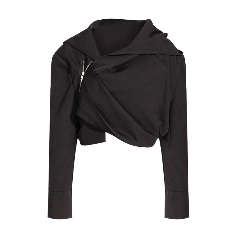 Fashionable Asymmetric Fold Zipper Hoodie