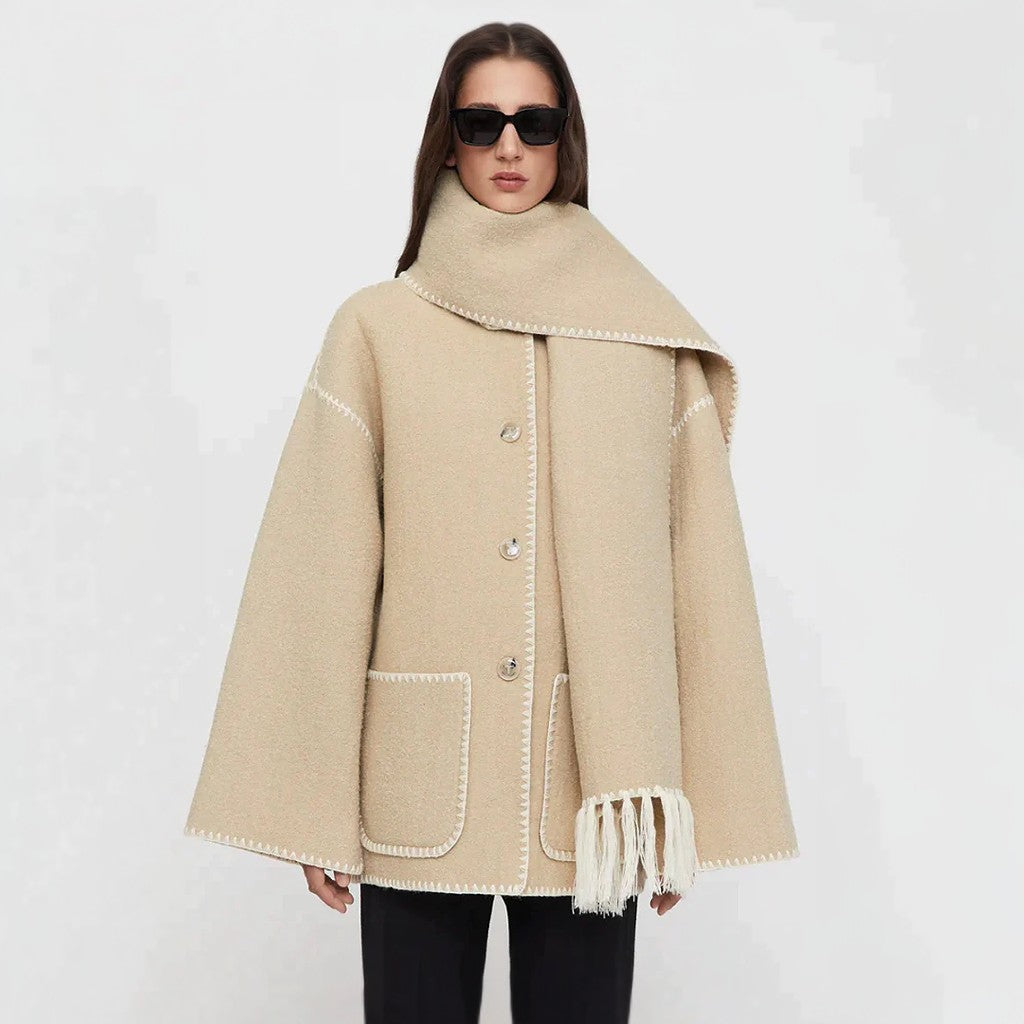 Fashionable Loose Thickened Woolen Jacket Coat With Scarf