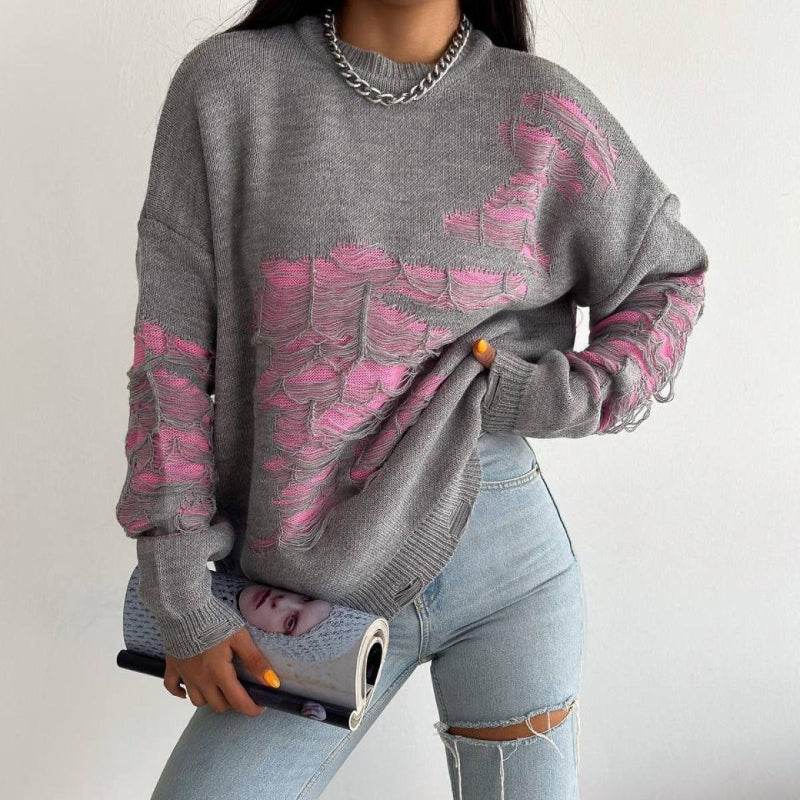 Fashionable Ripped Long Sleeve Loose Sweater