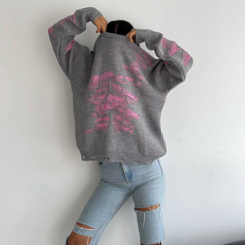 Fashionable Ripped Long Sleeve Loose Sweater