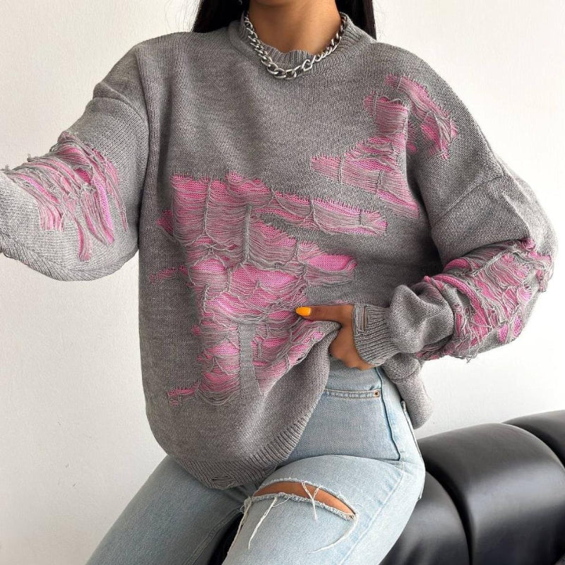 Fashionable Ripped Long Sleeve Loose Sweater