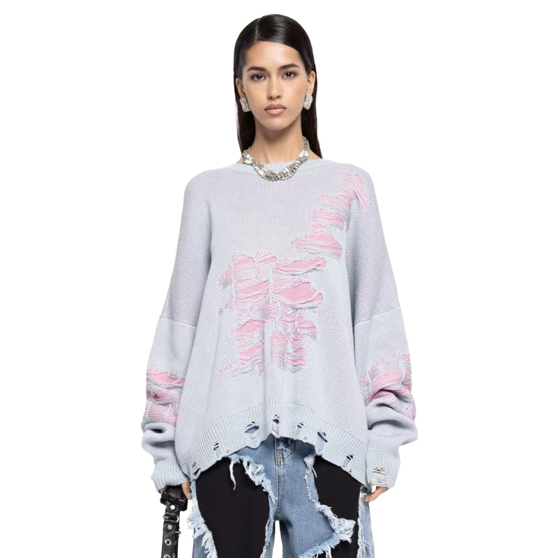 Fashionable Ripped Long Sleeve Loose Sweater