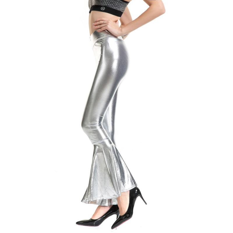 Pantalon évasé élastique brillant à la mode