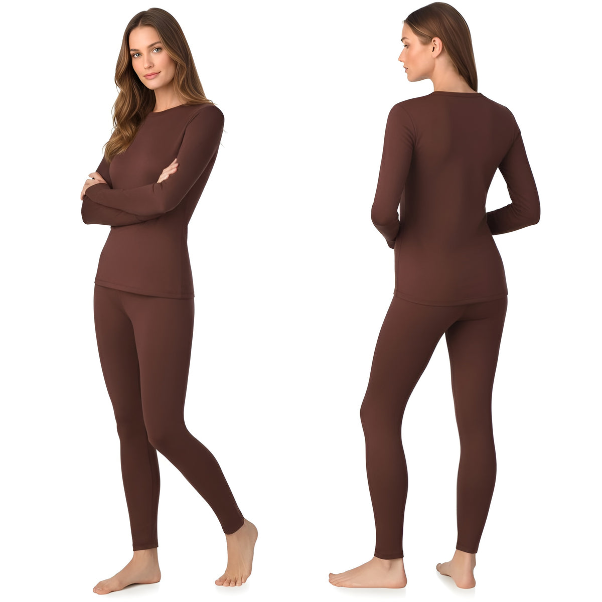 Long Sleeve Fleece Lined Thermal Base Layer Shirt And Leggings Set For Women