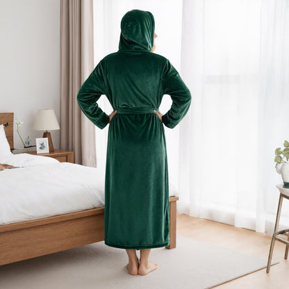 Hooded Plush Fleece Long Bath Robe With Belt And Pockets For Women