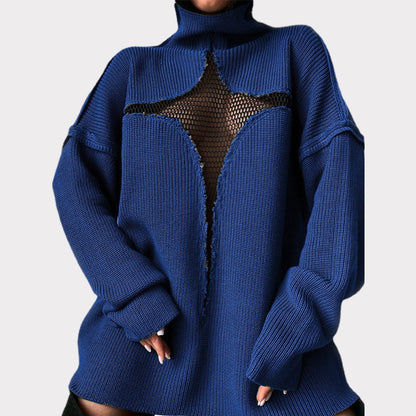 Hollow Out Mesh Knitted Loose Pullover Patchwork Sweater